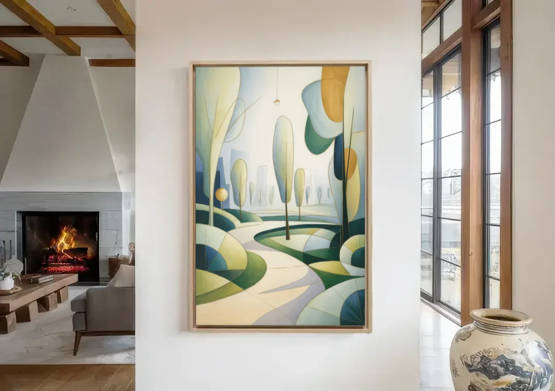 Brussels Park Tranquility canvas wall art in a living room with a fireplace