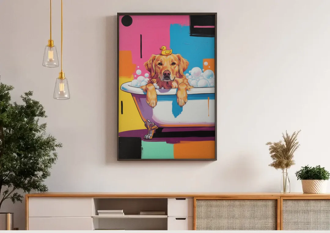 Bubble Bath Golden Retriever for the Bathroom canvas wall art above a wooden sideboard under pendant lights