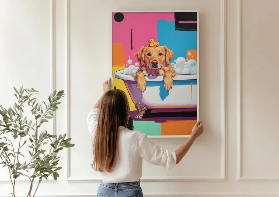 Bubble Bath Golden Retriever for the Bathroom canvas wall art being hung on a paneled wall