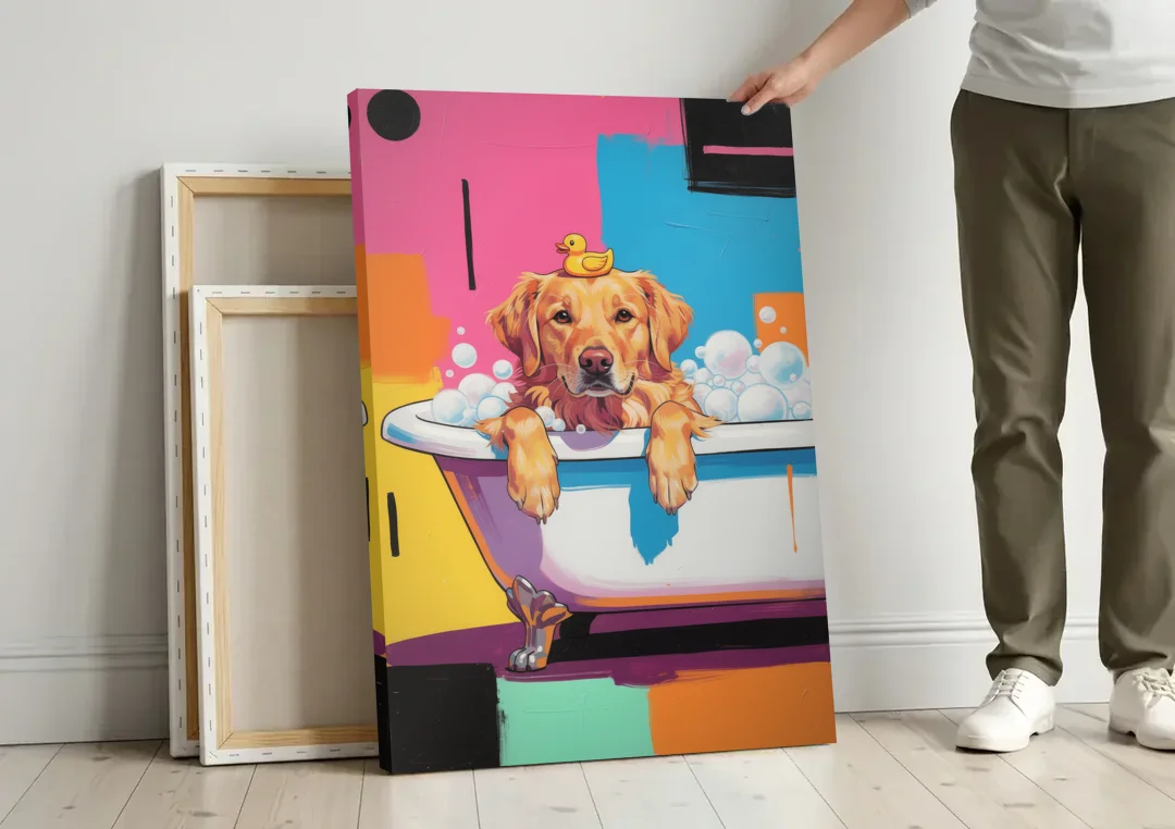 Bubble Bath Golden Retriever for the Bathroom canvas wall art leaning against a wall next to blank canvases
