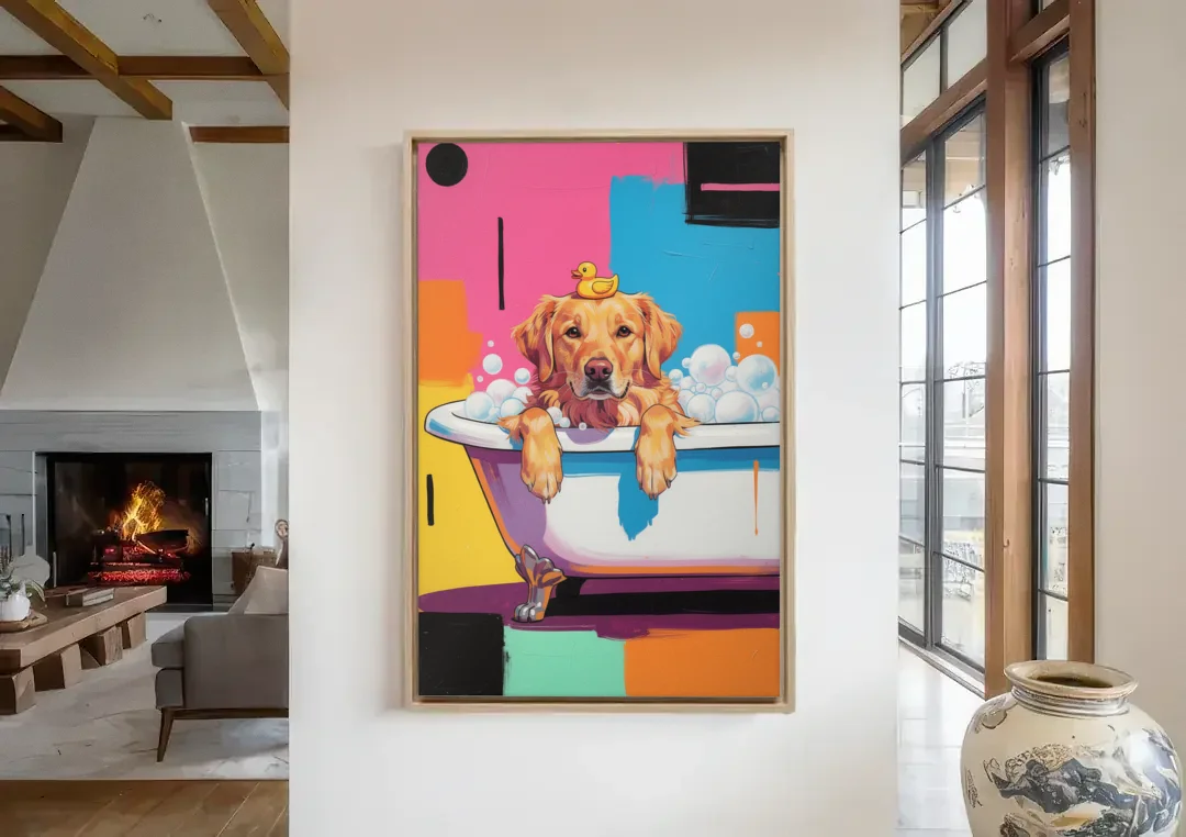 Bubble Bath Golden Retriever for the Bathroom canvas wall art in a living room with a fireplace