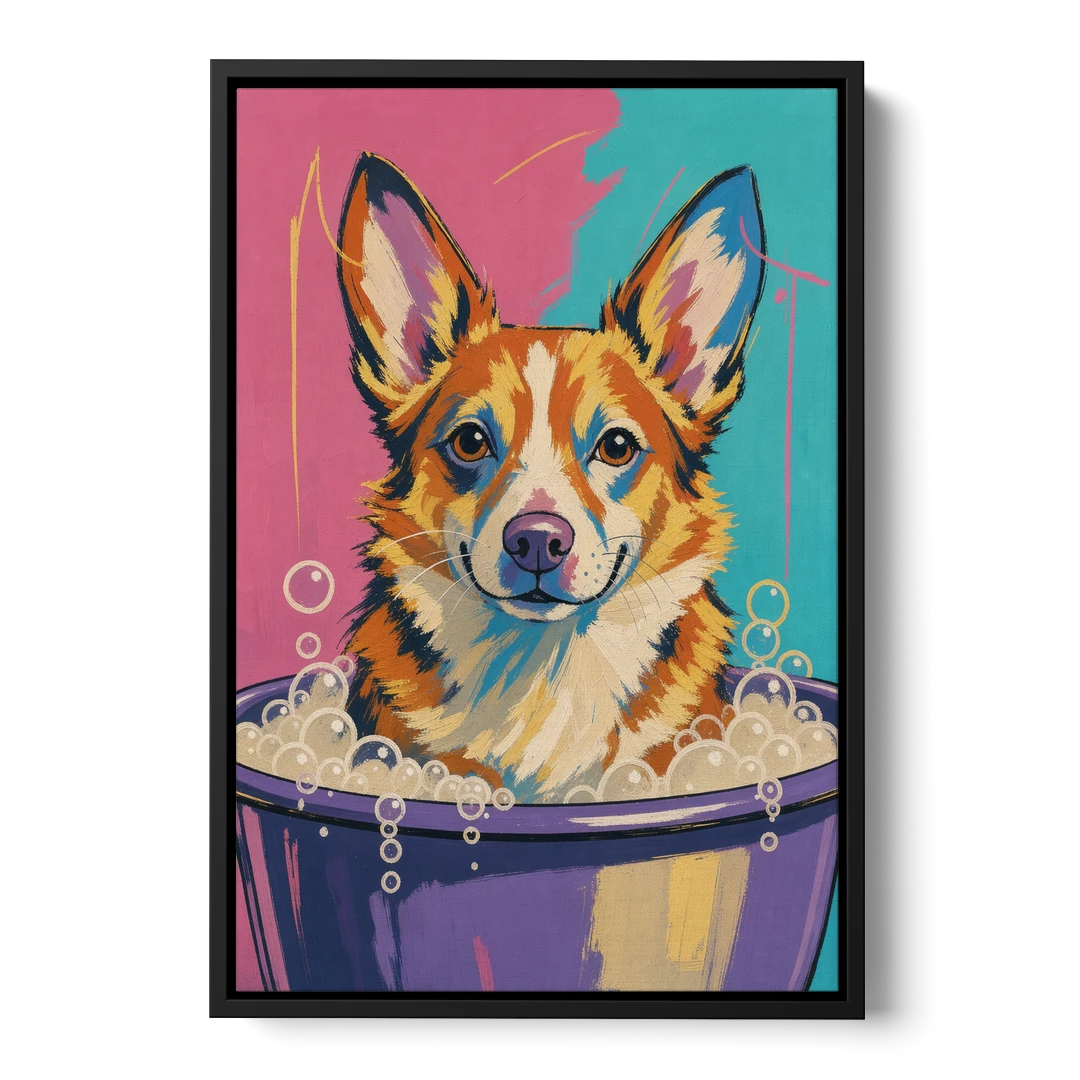 Bubble Bath Wall Art with a Corgi in Suds - Black Framed Canvas Wall Art - Front