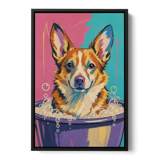 Bubble Bath Wall Art with a Corgi in Suds - Black Framed Canvas Wall Art - Front