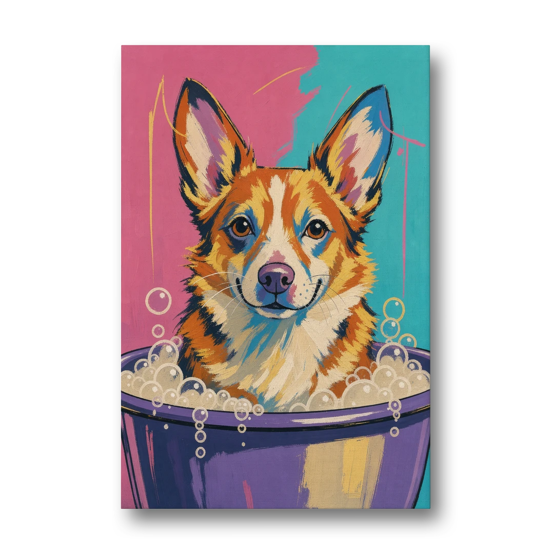 Bubble Bath Wall Art with a Corgi in Suds - Canvas Wall Art - Front
