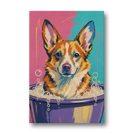 Bubble Bath Wall Art with a Corgi in Suds - Canvas Wall Art - Front