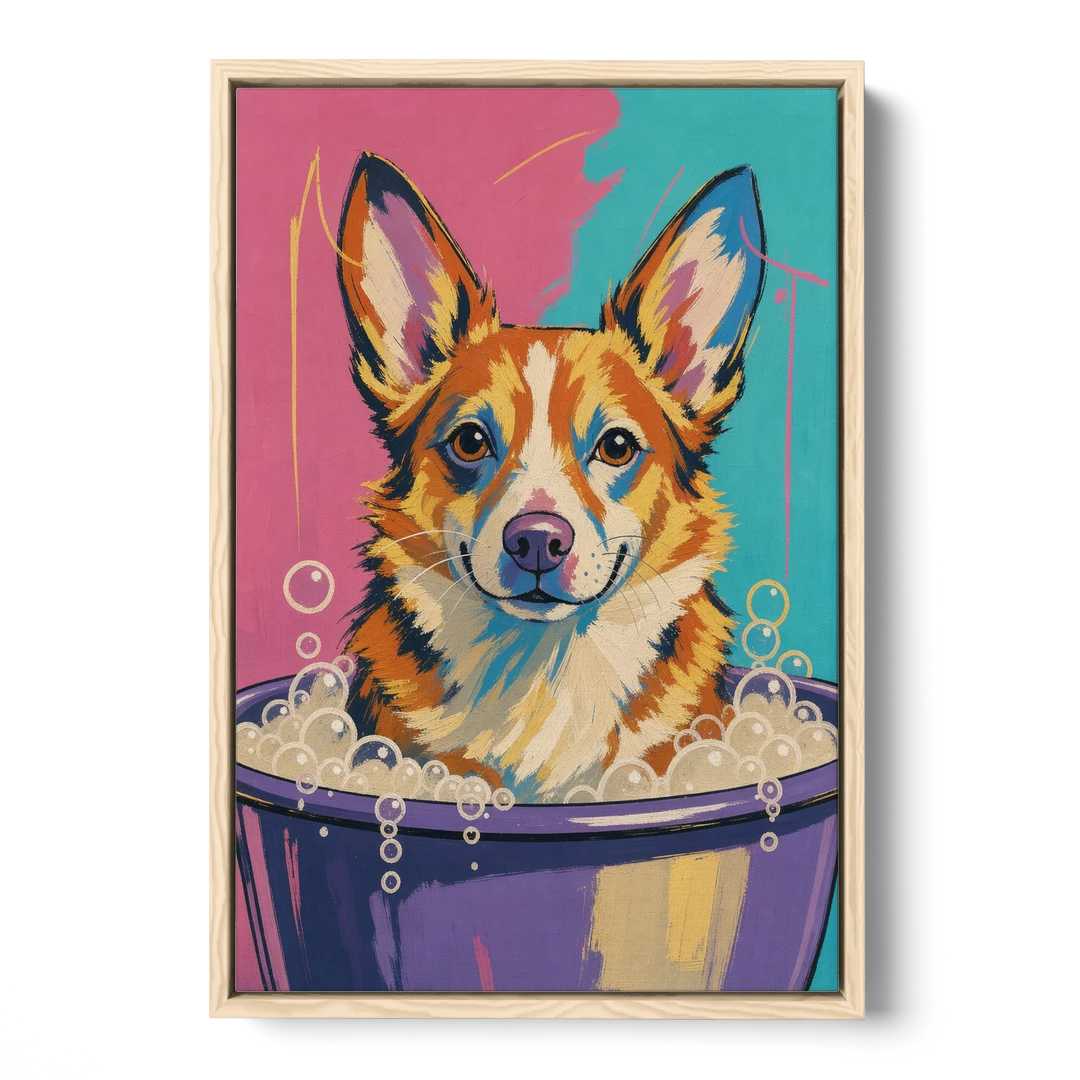Bubble Bath Wall Art with a Corgi in Suds - Oak Framed Canvas Wall Art - Front