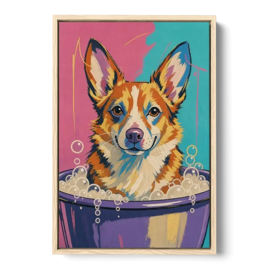Bubble Bath Wall Art with a Corgi in Suds - Oak Framed Canvas Wall Art - Front