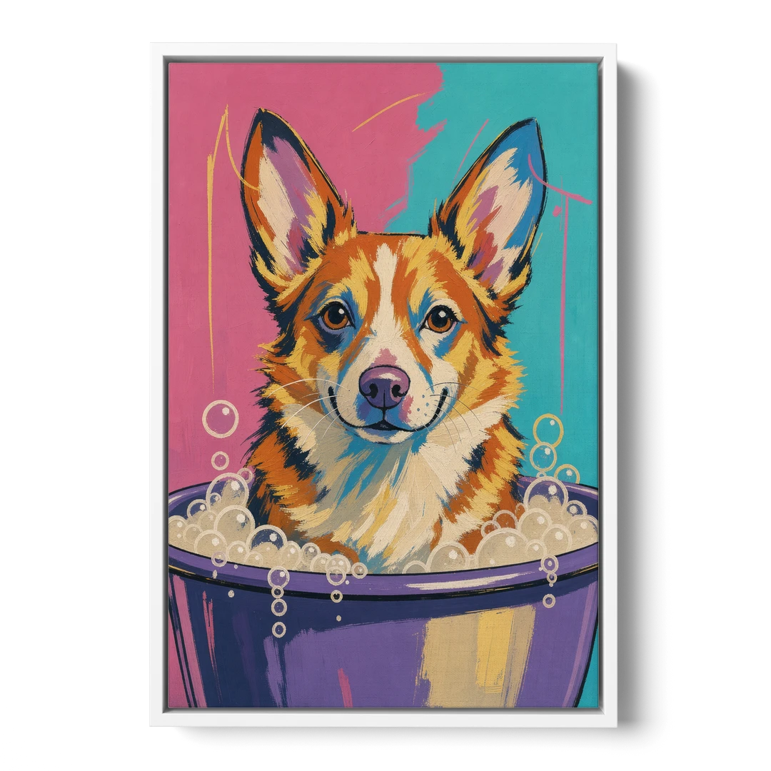 Bubble Bath Wall Art with a Corgi in Suds - White Framed Canvas Wall Art - Front