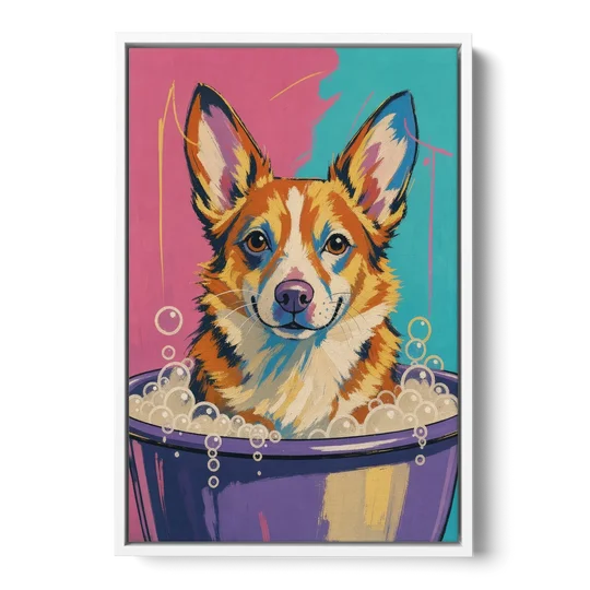 Bubble Bath Wall Art with a Corgi in Suds - White Framed Canvas Wall Art - Front