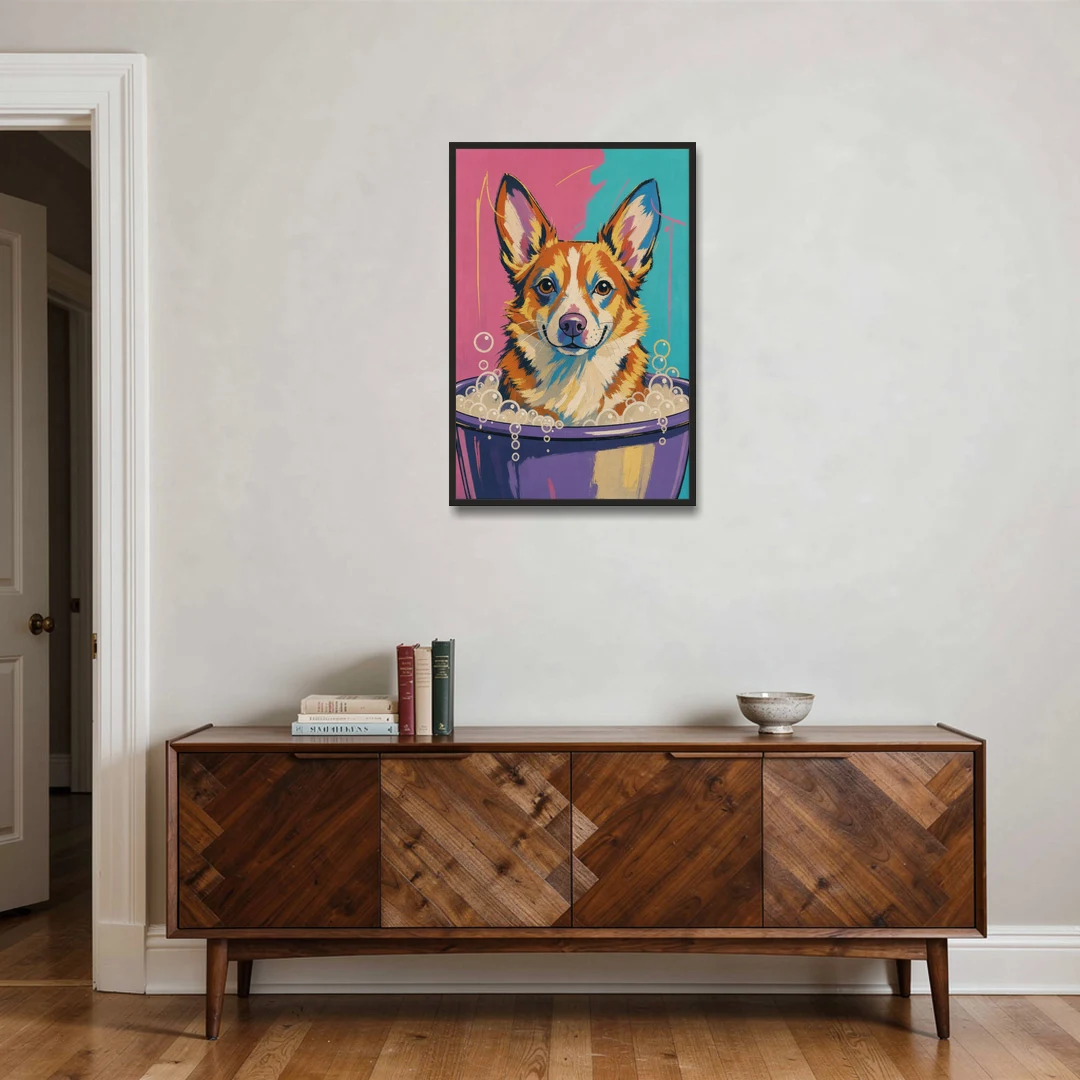 Bubble Bath Wall Art with a Corgi in Suds - Black Framed Canvas Wall Art - Coffee Table - 24x36