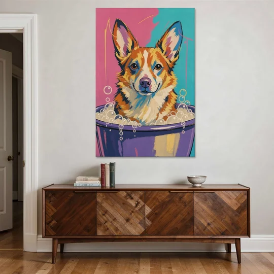 Bubble Bath Wall Art with a Corgi in Suds - Canvas Wall Art - Coffee Table - 40x60