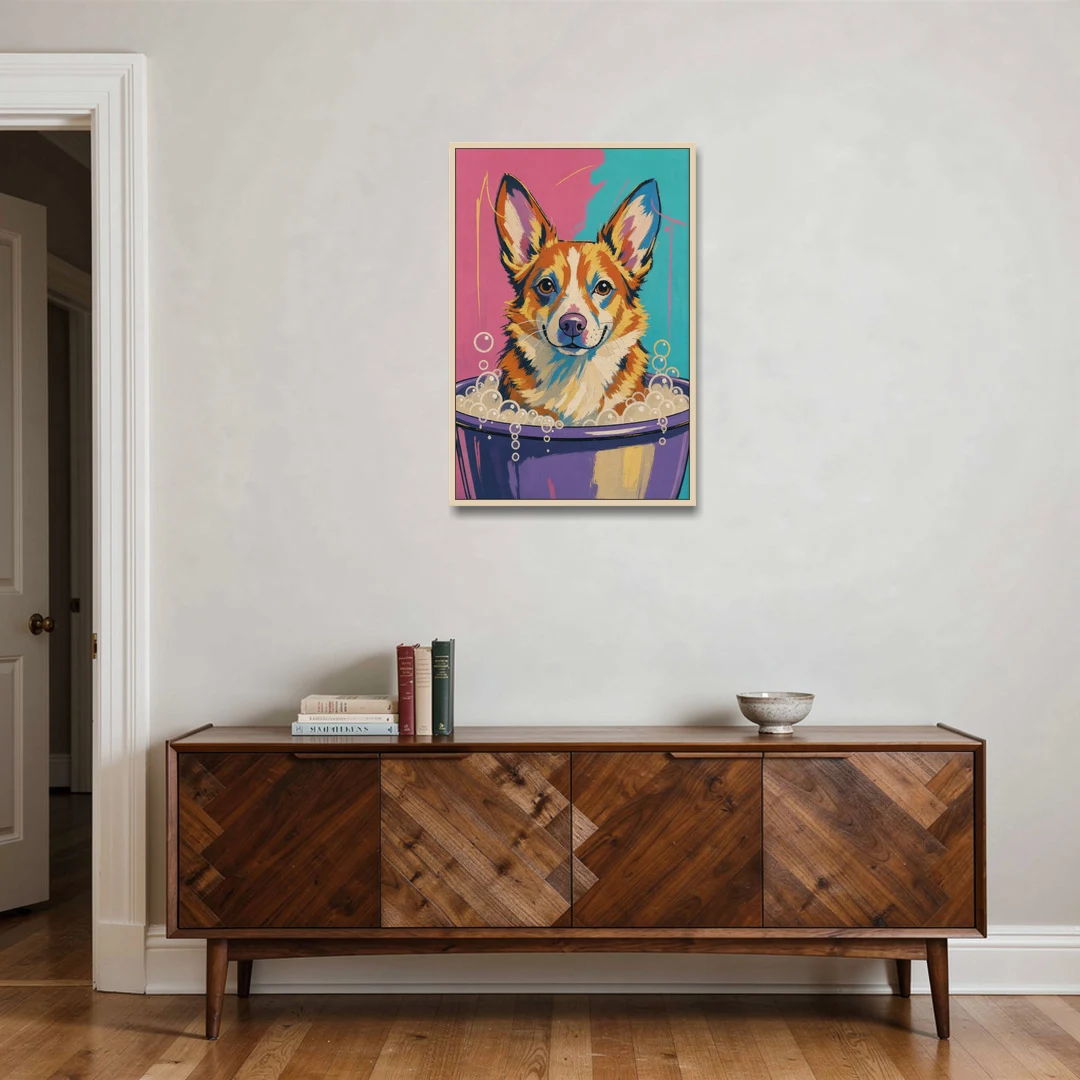 Bubble Bath Wall Art with a Corgi in Suds - Oak Framed Canvas Wall Art - Coffee Table - 24x36