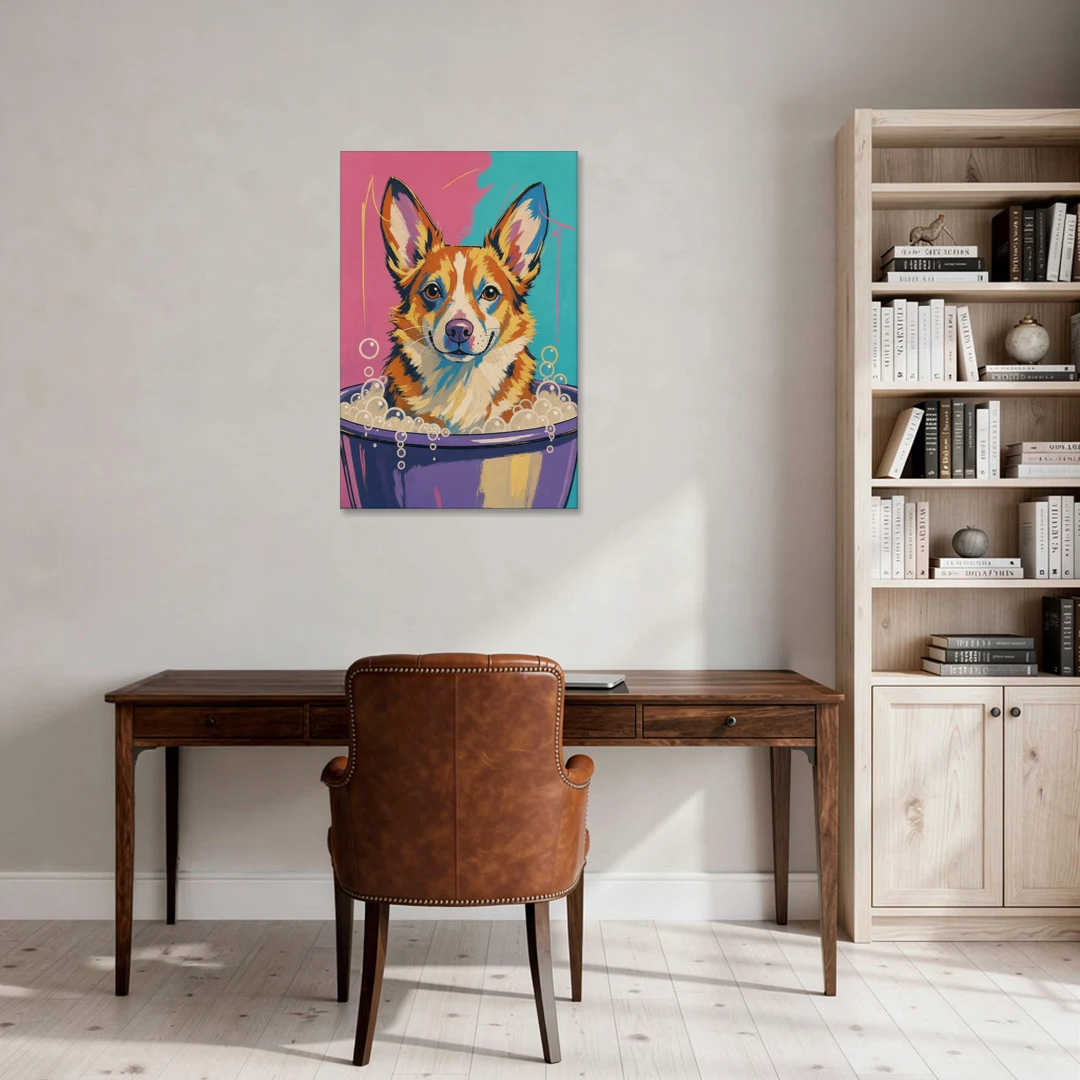 Bubble Bath Wall Art with a Corgi in Suds - Canvas Wall Art - Office - 24x36