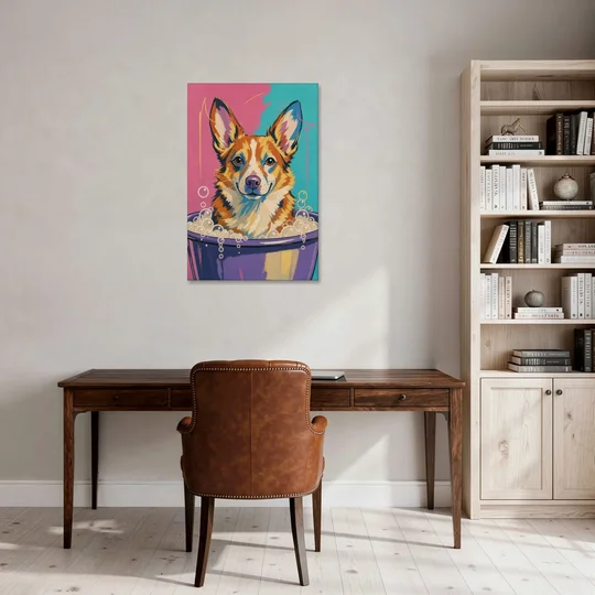 Bubble Bath Wall Art with a Corgi in Suds - Canvas Wall Art - Office - 24x36