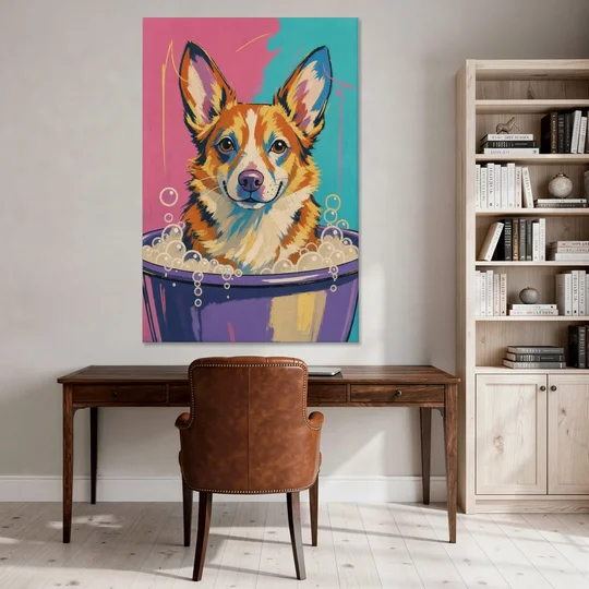 Bubble Bath Wall Art with a Corgi in Suds - Canvas Wall Art - Office - 40x60