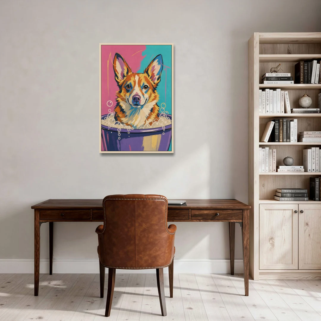 Bubble Bath Wall Art with a Corgi in Suds - Oak Framed Canvas Wall Art - Office - 24x36
