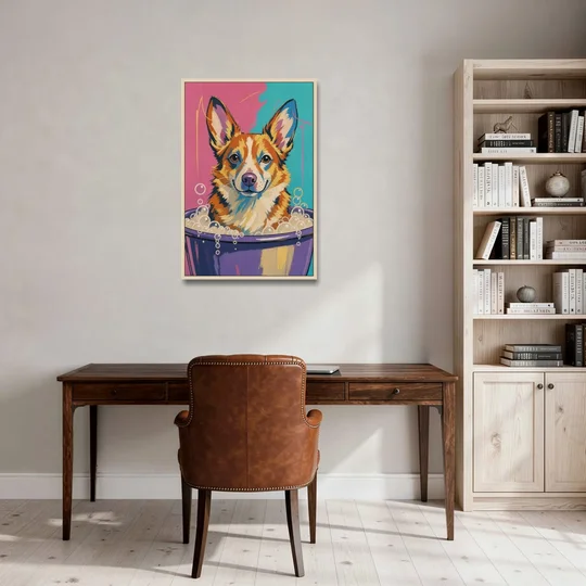 Bubble Bath Wall Art with a Corgi in Suds - Oak Framed Canvas Wall Art - Office - 24x36