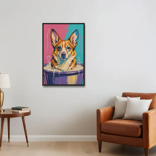 Bubble Bath Wall Art with a Corgi in Suds - Black Framed Canvas Wall Art - Sofa - 24x36