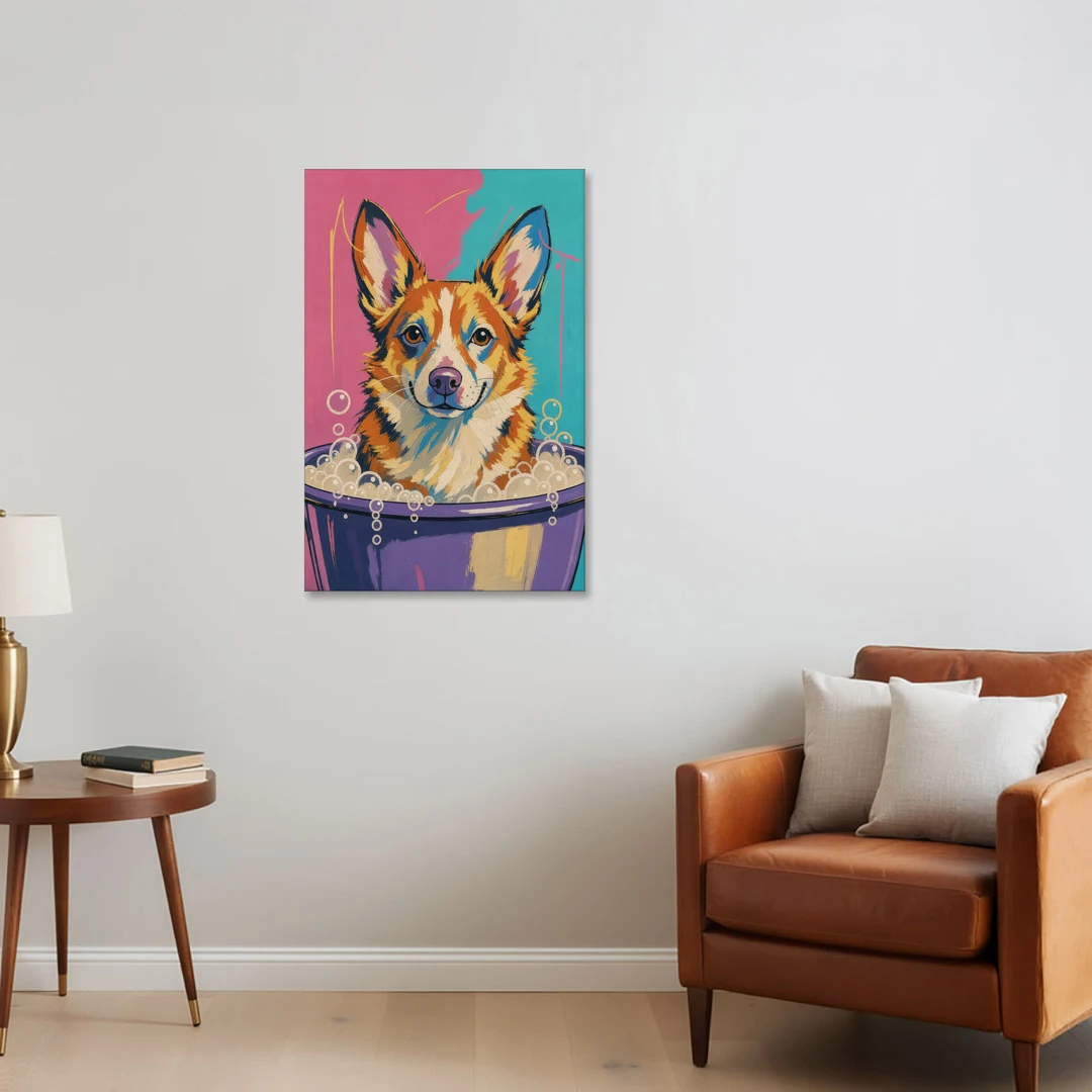 Bubble Bath Wall Art with a Corgi in Suds - Canvas Wall Art - Sofa - 24x36