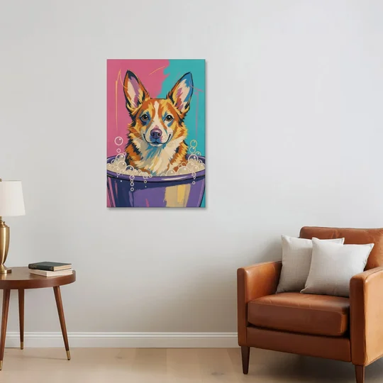 Bubble Bath Wall Art with a Corgi in Suds - Canvas Wall Art - Sofa - 24x36