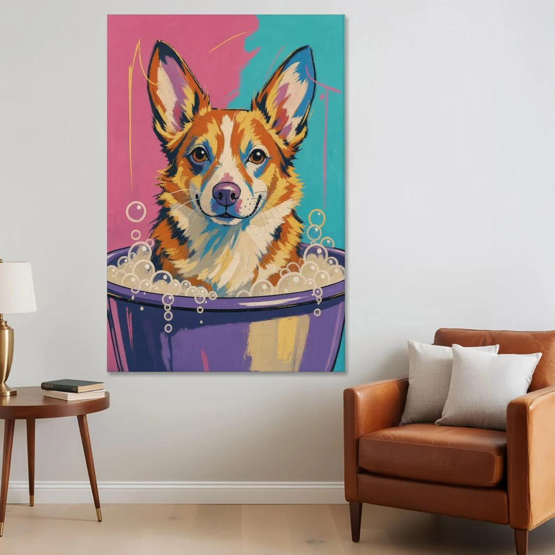 Bubble Bath Wall Art with a Corgi in Suds - Canvas Wall Art - Sofa - 40x60