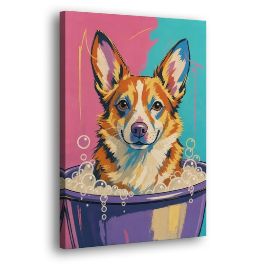 Bubble Bath Wall Art with a Corgi in Suds - Canvas Wall Art - Side