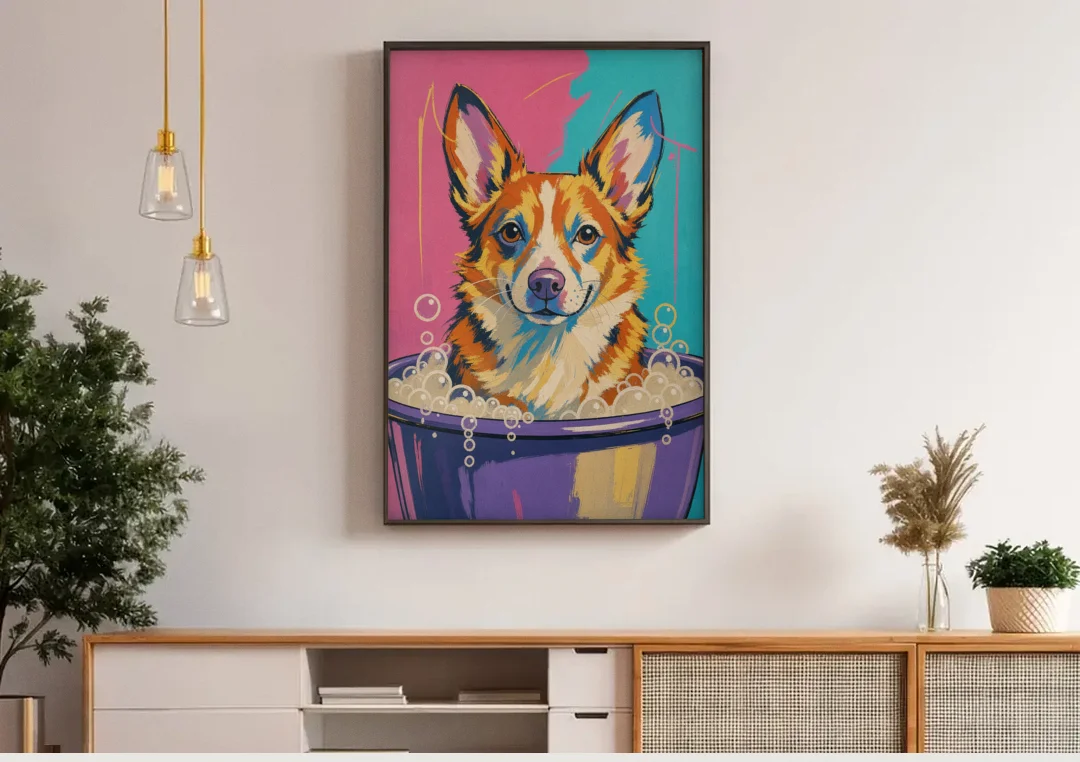Bubble Bath Wall Art with a Corgi in Suds canvas wall art above a wooden sideboard under pendant lights
