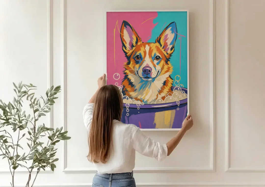 Bubble Bath Wall Art with a Corgi in Suds canvas wall art being hung on a paneled wall
