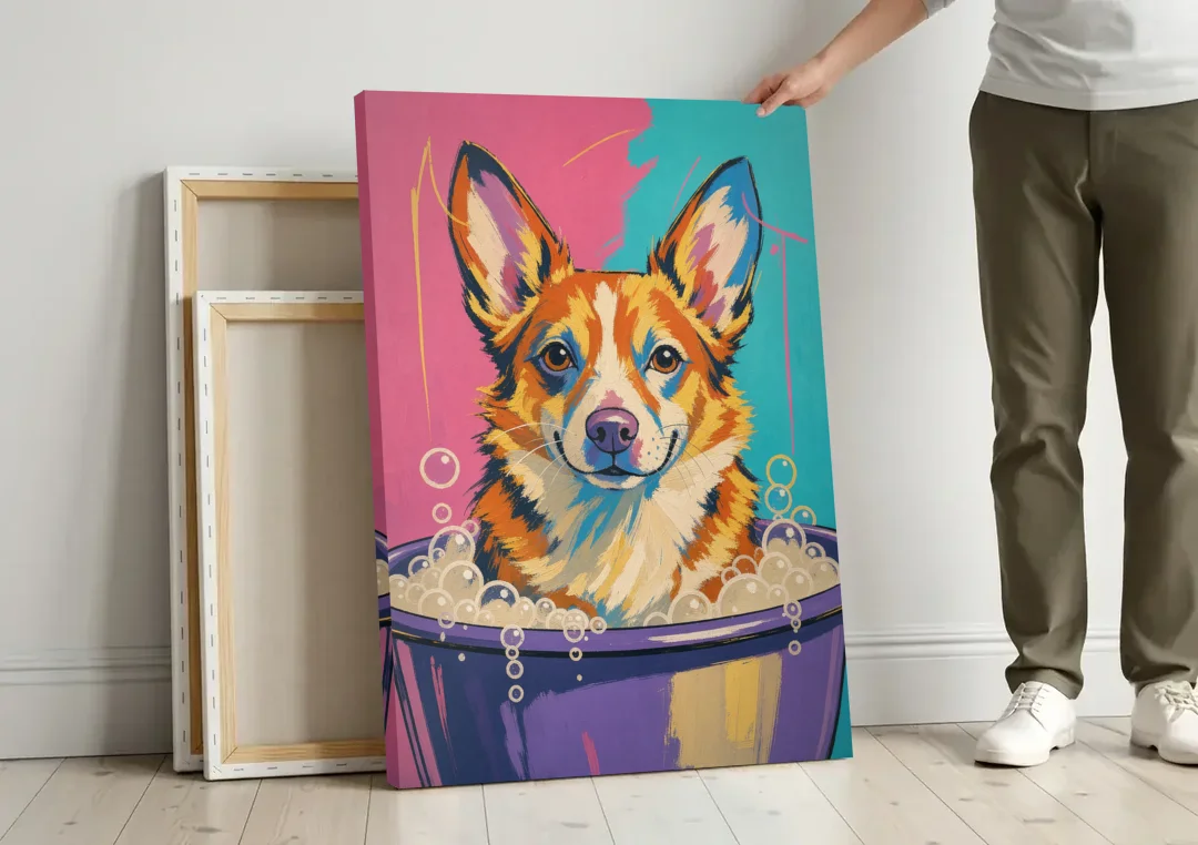 Bubble Bath Wall Art with a Corgi in Suds canvas wall art leaning against a wall next to blank canvases