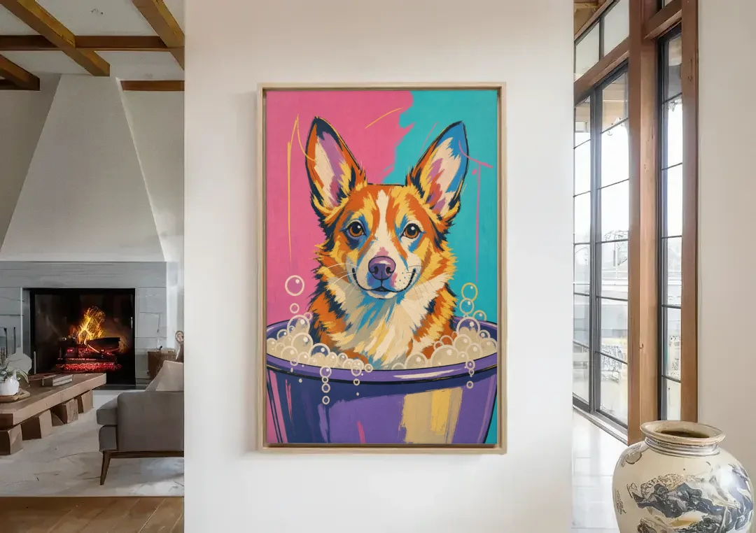 Bubble Bath Wall Art with a Corgi in Suds canvas wall art in a living room with a fireplace