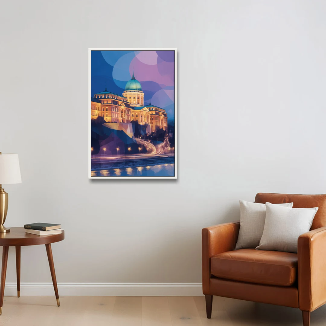 Buda Castle Glow - White Framed Canvas Wall Art - Sofa - 24x36