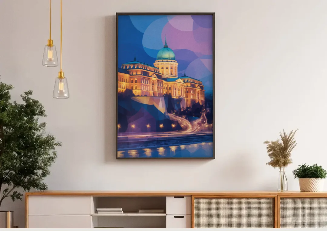 Buda Castle Glow canvas wall art above a wooden sideboard under pendant lights