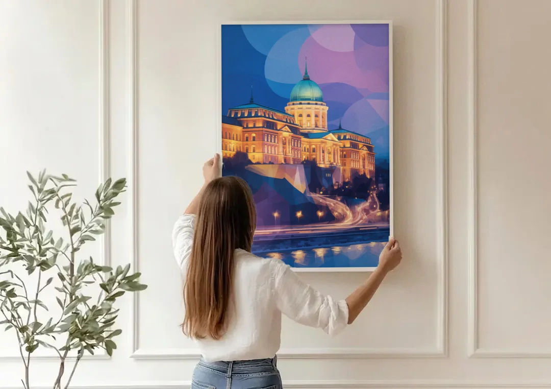 Buda Castle Glow canvas wall art being hung on a paneled wall