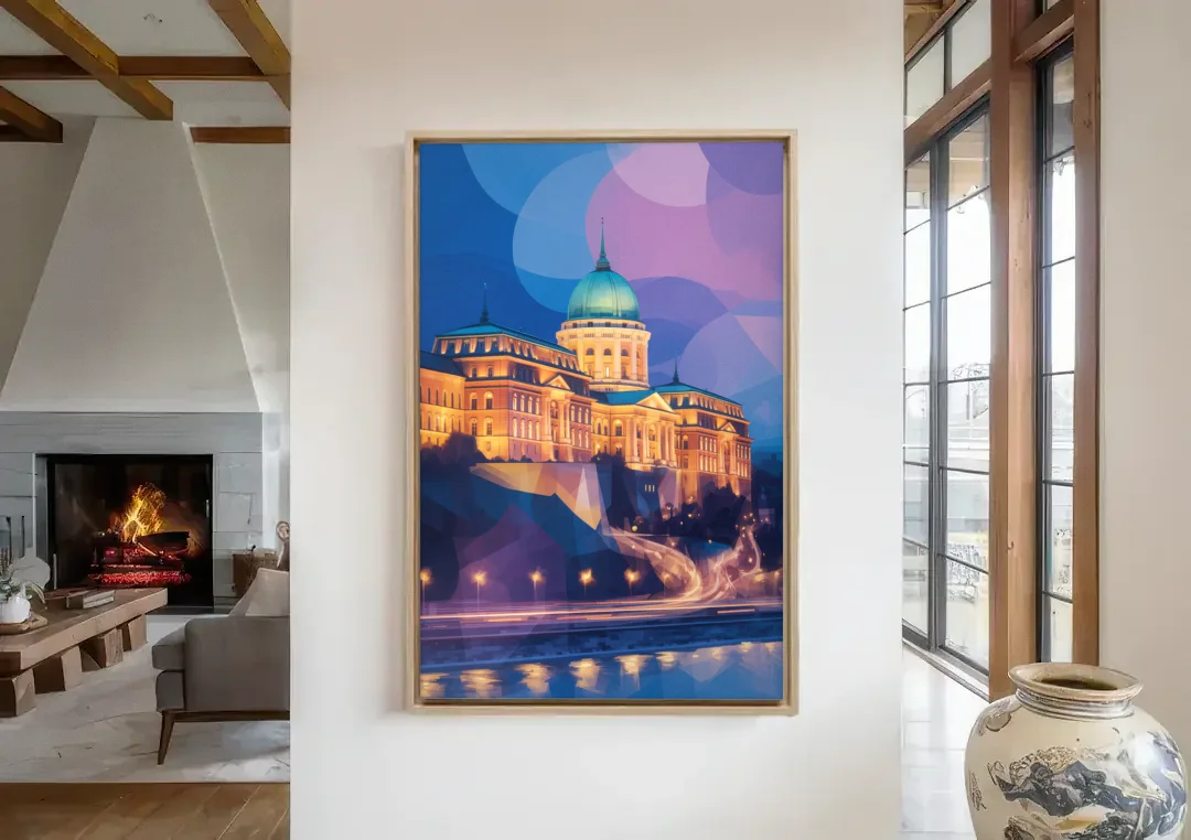 Buda Castle Glow canvas wall art in a living room with a fireplace