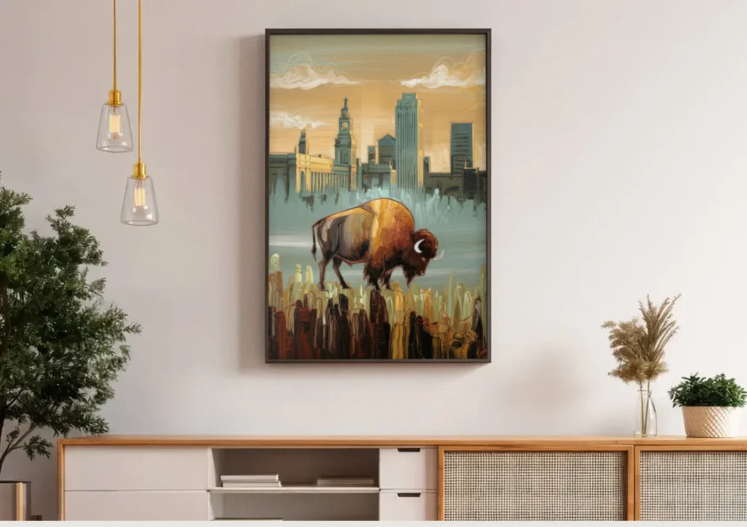 Buffalo All America City canvas wall art above a wooden sideboard under pendant lights