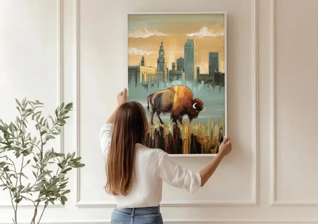 Buffalo All America City canvas wall art being hung on a paneled wall