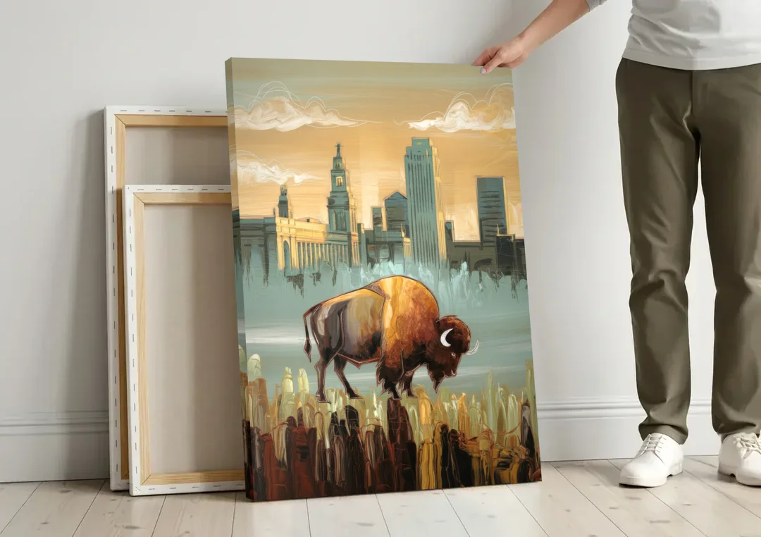 Buffalo All America City canvas wall art leaning against a wall next to blank canvases