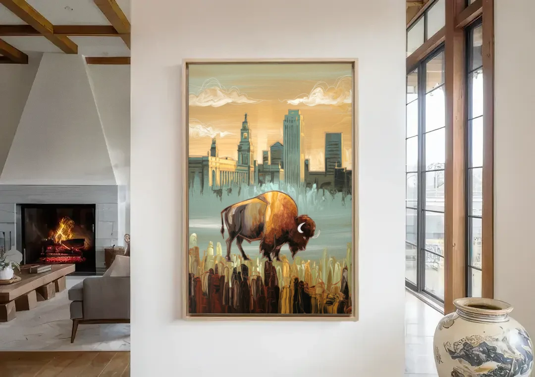Buffalo All America City canvas wall art in a living room with a fireplace