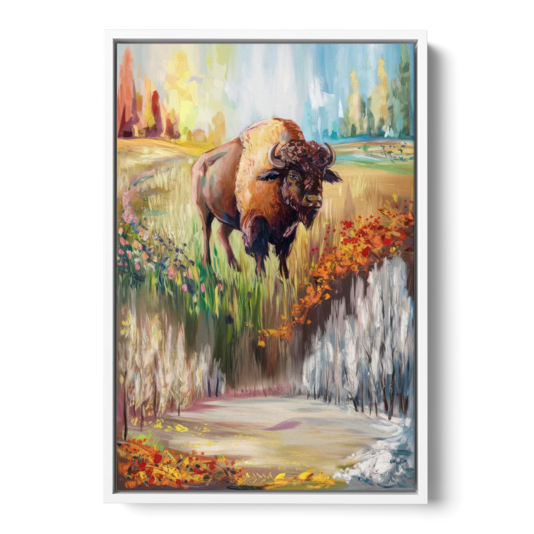 Buffalo All Seasons Beauty - White Framed Canvas Wall Art - Front