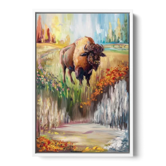 Buffalo All Seasons Beauty - White Framed Canvas Wall Art - Front