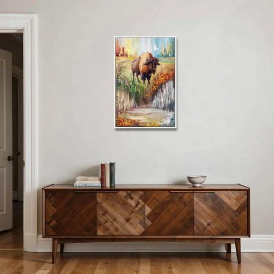 Buffalo All Seasons Beauty - White Framed Canvas Wall Art - Coffee Table - 24x36