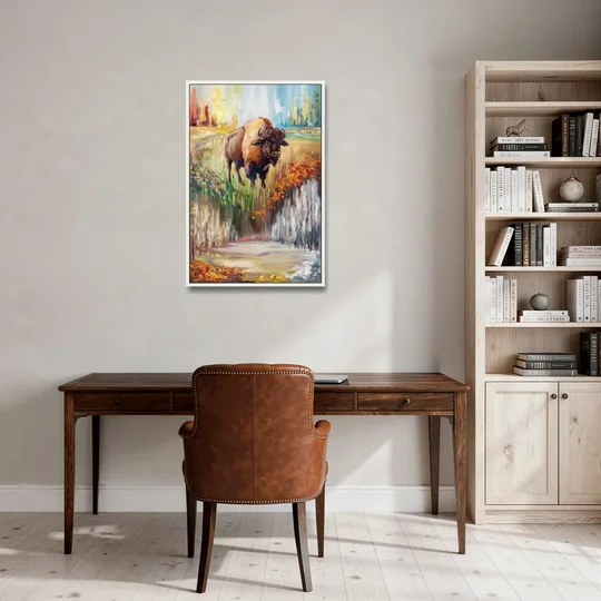 Buffalo All Seasons Beauty - White Framed Canvas Wall Art - Office - 24x36