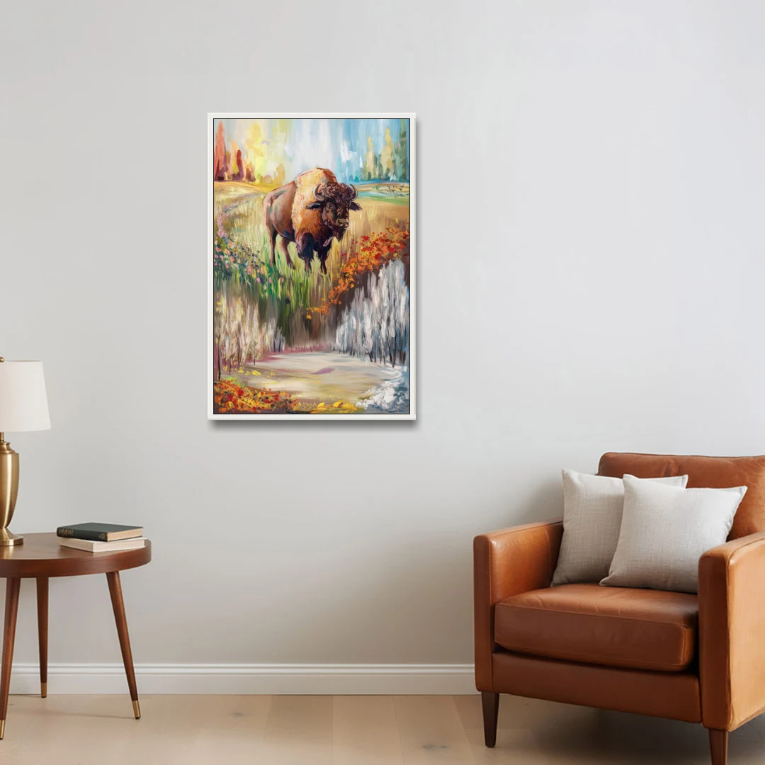 Buffalo All Seasons Beauty - White Framed Canvas Wall Art - Sofa - 24x36