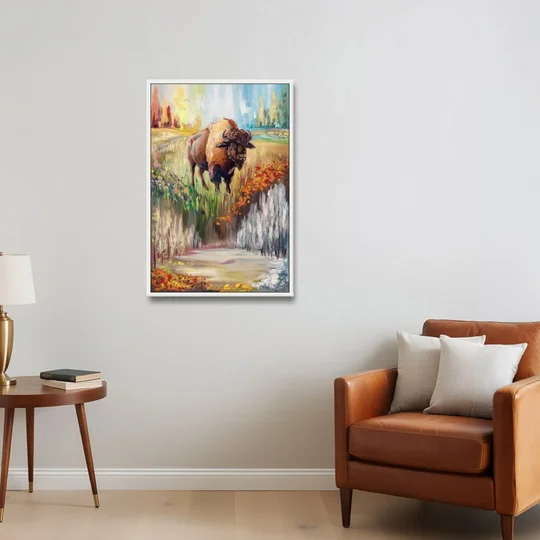 Buffalo All Seasons Beauty - White Framed Canvas Wall Art - Sofa - 24x36