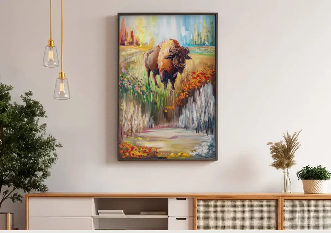 Buffalo All Seasons Beauty canvas wall art above a wooden sideboard under pendant lights