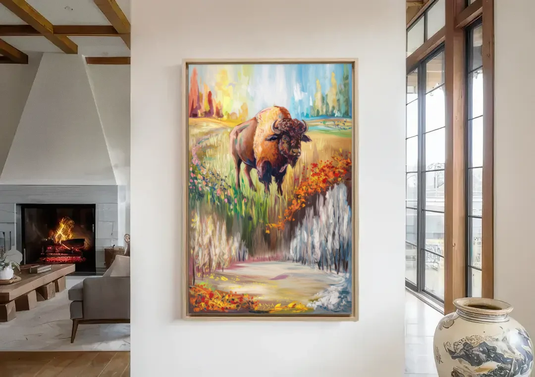 Buffalo All Seasons Beauty canvas wall art in a living room with a fireplace