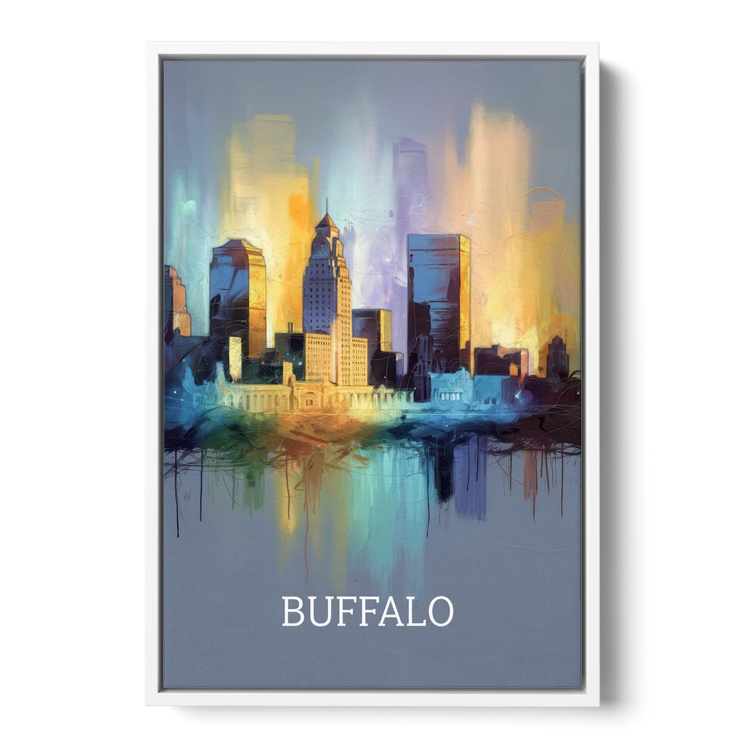 Buffalo Architectural Charm - White Framed Canvas Wall Art - Front