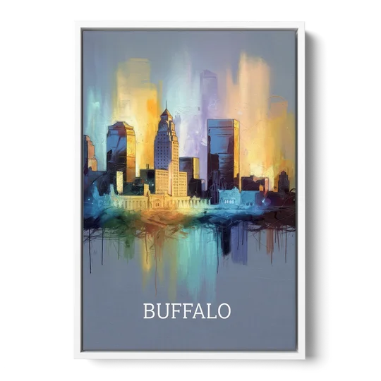 Buffalo Architectural Charm - White Framed Canvas Wall Art - Front