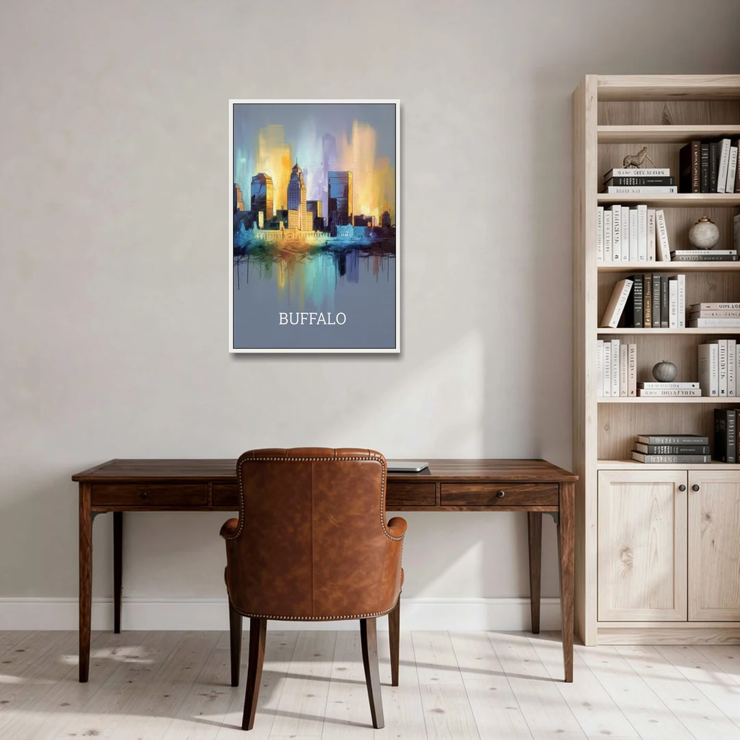 Buffalo Architectural Charm - White Framed Canvas Wall Art - Office - 24x36