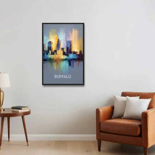 Buffalo Architectural Charm - Black Framed Canvas Wall Art - Sofa - 24x36